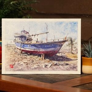 Original Watercolor Painting of a Blue & Red Fishing Boat Sri Lanka 11.5 x 8